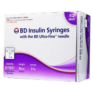 BD Ultrafine U-100 Insulin Syringe 31 Gauge 3/10cc 5/16 inch Short Needle-1/2  100 Count (328440)