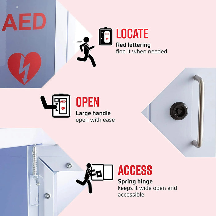 Stainless Steel AED Cabinet| With Emergency Strobe Light, Door-Activated Alarm & Key