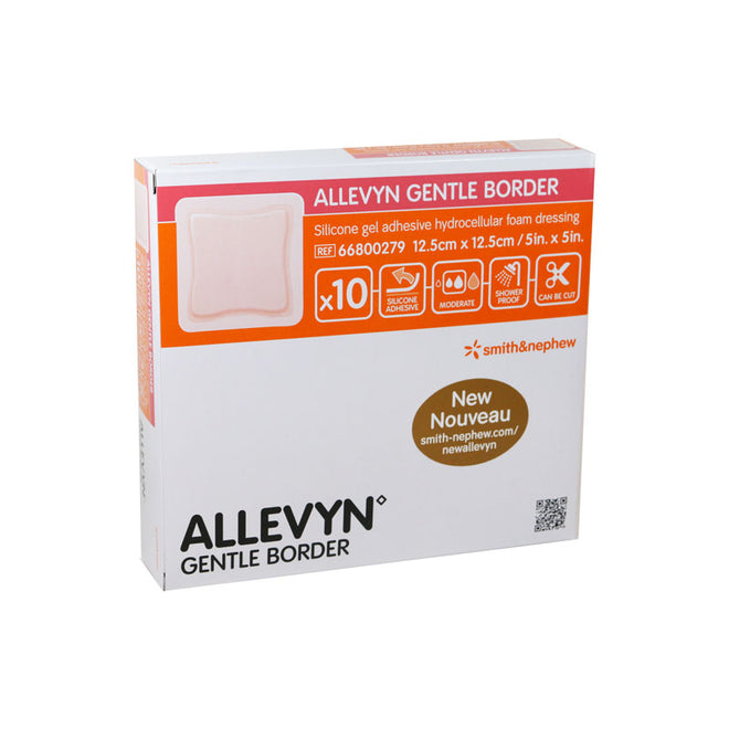 Load image into Gallery viewer, Smith and Nephew Foam Dressing Allevyn Gentle Border 5 X 5 Inch With Border Film Backing Silicone Gel Adhesive Square Sterile
